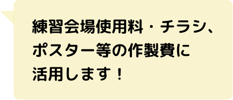 練習会場使用料・チラシ、ポスター等の作製費に活用します！